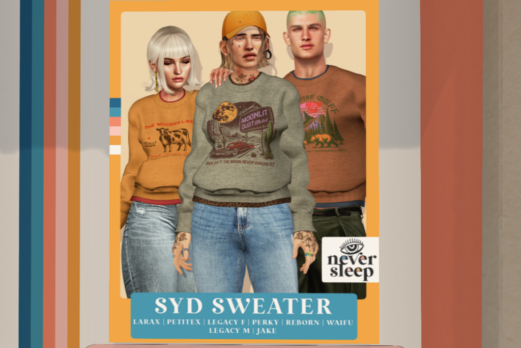 Syd Sweater - Jake/Legacy F+M/MaitreyaX/Reborn/+mods, L$250 each/L$1399 FP