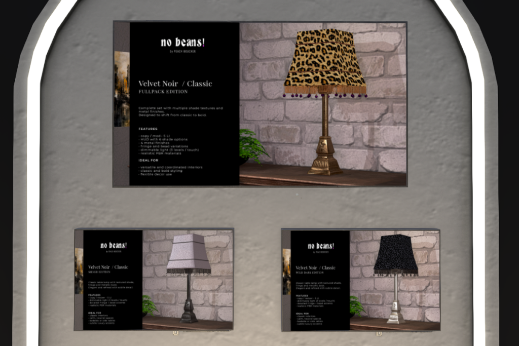Velvet Noir Lamp, L$329 each/L$849 FP