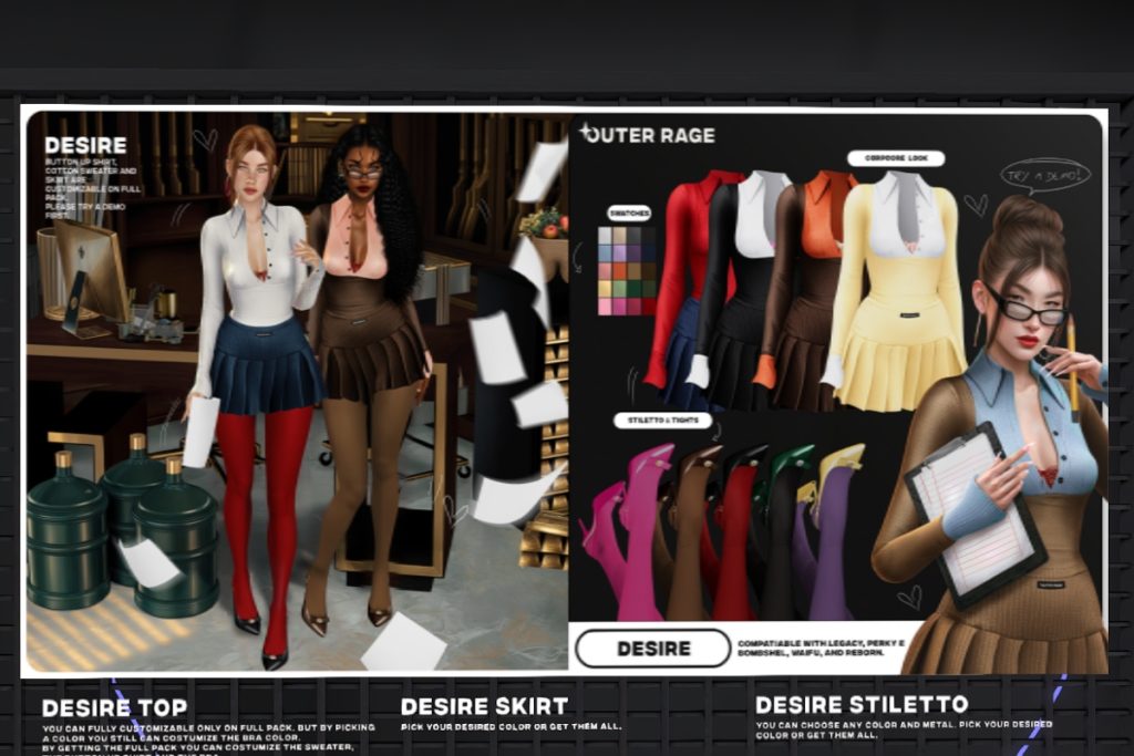 Desire Top, Skirt Nylon Tights and Stilettos - Legacy/Reborn/+mods, L$250 each/L$2000 each FP
