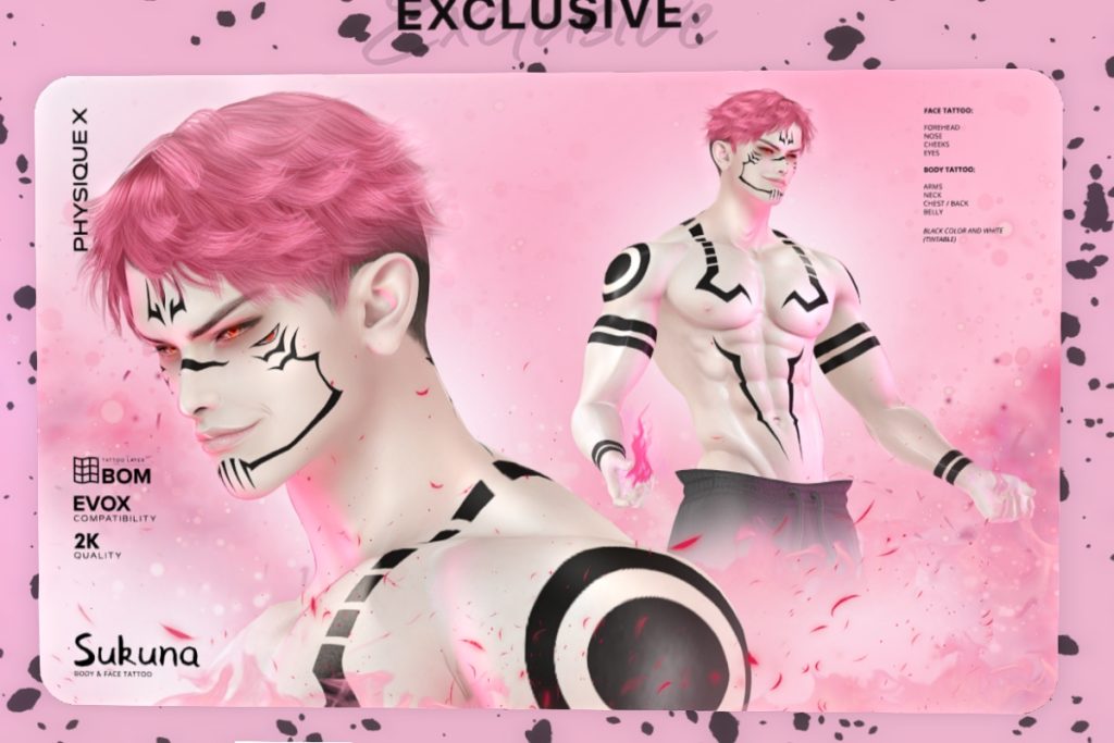 Sukuna Face and Body Tattoos - EvoX, L$225 each/L$399 FP