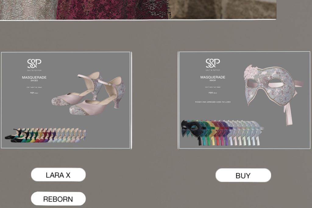 Masquerade Shoes - Legacy/MaitreyaX/Reborn, L$500 each/L$3500 MP | Masquerade Mask, L$400/L$3500 MP