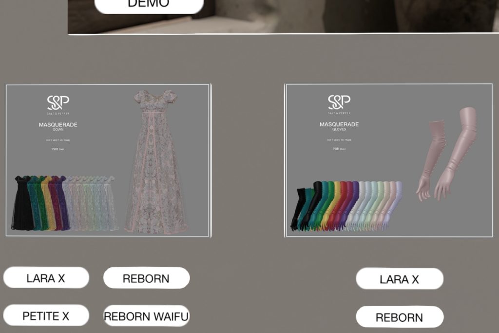 Masquerade Gown - Legacy/MaitreyaX/Reborn/+mods, L$600 each/L$3500 MP | Masquerade Gloves - Legacy/MaitreyaX/Reborn, L$400 each/L$3500 MP