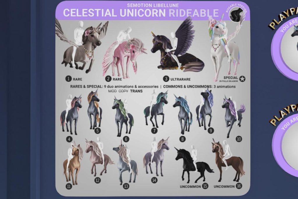 Celestial Unicorn Rideable, L$89 per play/L$189 Limited Edition