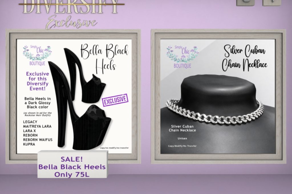 Bella Heels - Inithium/Legacy/Maitreya/Reborn/+mods, L$75 | Silver Cuban Chain Necklace, L$149
