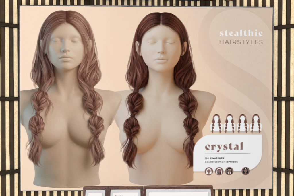 Crystal Hair, L$199-L$399 each/L$598 FP