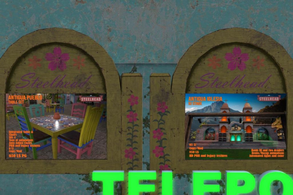 Anitigua Table Set, Dj Stage &amp; Pueblo Build Kit, L$450-L$850 each/L$1650 FP