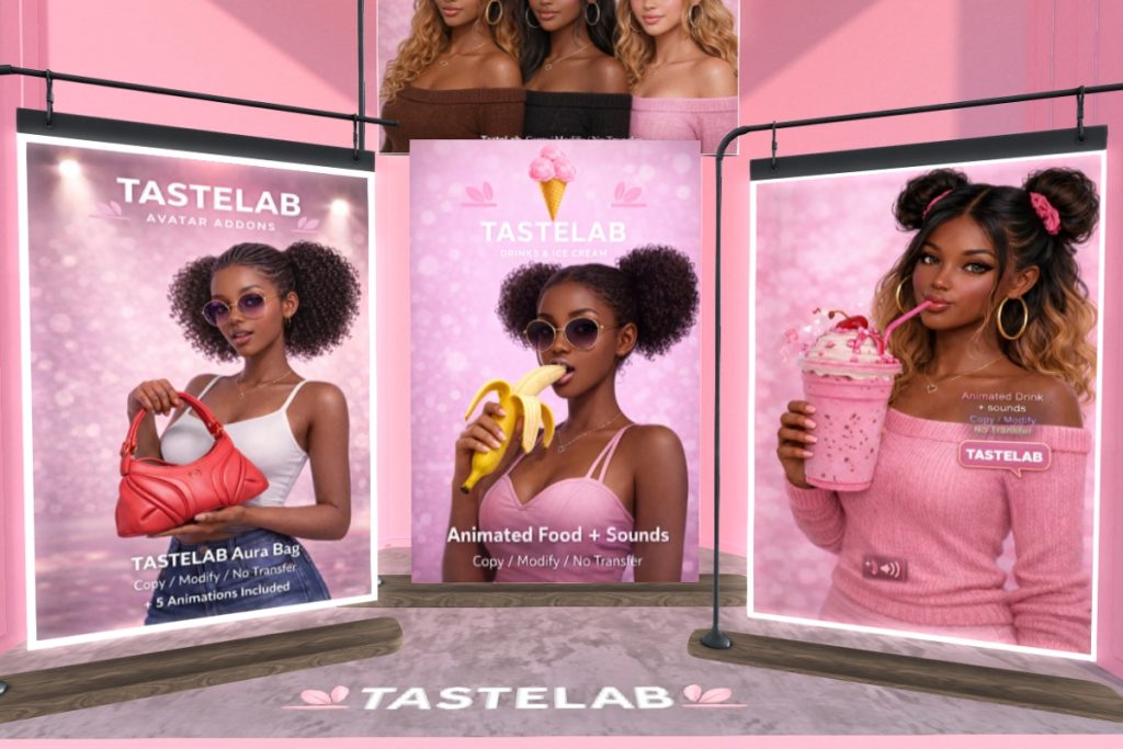 Aura Bag, L$450 | Banana Animated Food + Sounds, L$350 | Cherry Cream Delight Holdable, L$350