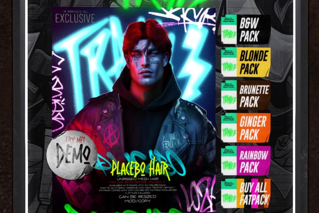 Placebo Hair, L$225 each/L$750 FP