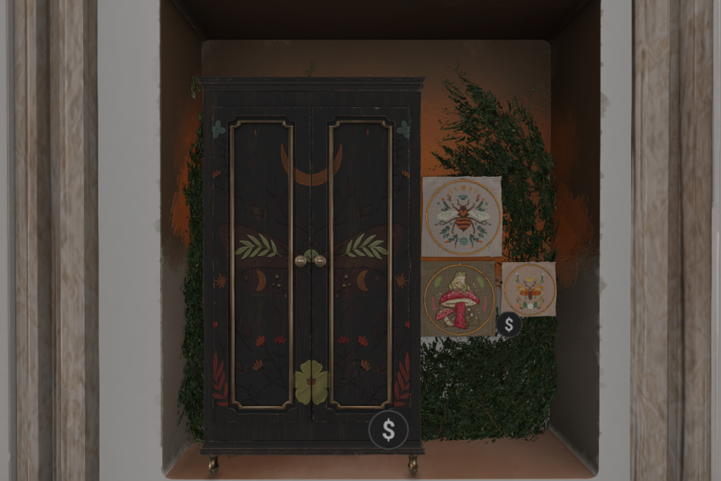 Painted Vintage Wardrobe, L$225 | Unfinished Embroidery Set, L$199