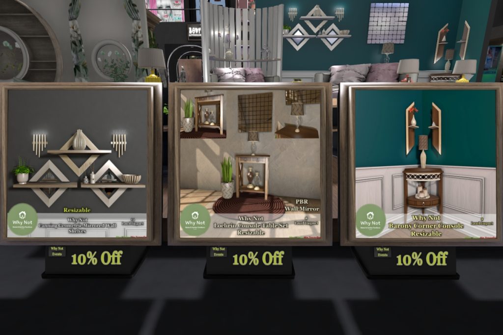 Lochrin Console Table, Canning Geometric Mirror, &amp; Barony Corner Console, L$180-L$293 each