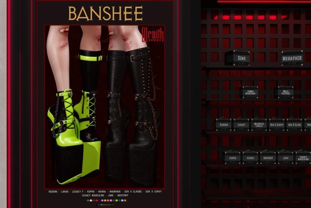 Banshee Boots - see ad for fits, L$300 each/L$1200 each FP/L$1700 MP