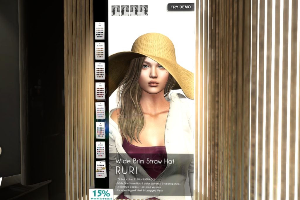Ruri Wide Brim Straw Hat, L$300 each/L$1000 FP