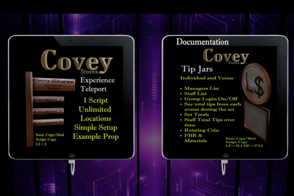 Covey Experience Teleport &amp; Covey Tip Jar, L$300-L$500 each