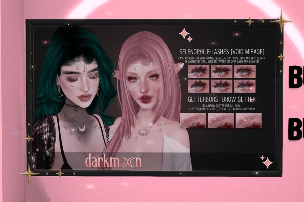 Selenophile Lashes - Void Mirage, L$599 | Glitterburst Brow Glitter - Evo X, L$300
