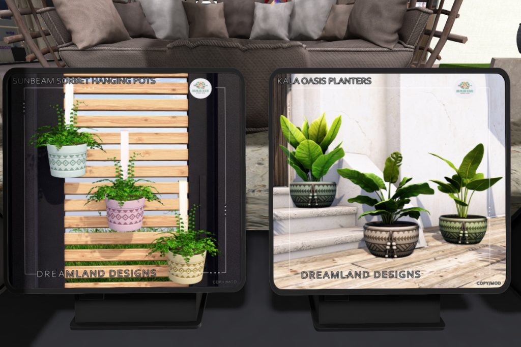 Sumbeam Sorbet Hanging Pots &amp; Kala Oasis Planters, L$199-L$249 each