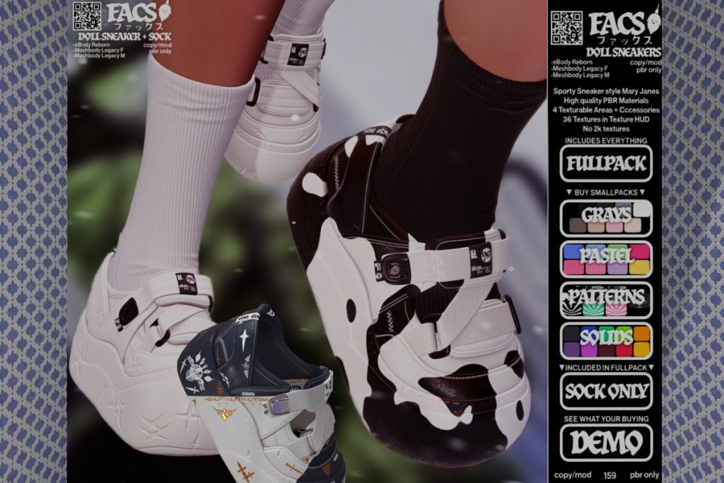 Doll Sneaker - Legacy F+M/Reborn, L$650 each/L$1800 FP | Doll Socks - Legacy F+M/Reborn, L$175