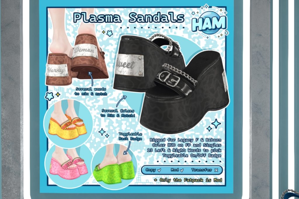 Plasma Sandals - Legacy/Reborn, L$249 each/L$699 FP