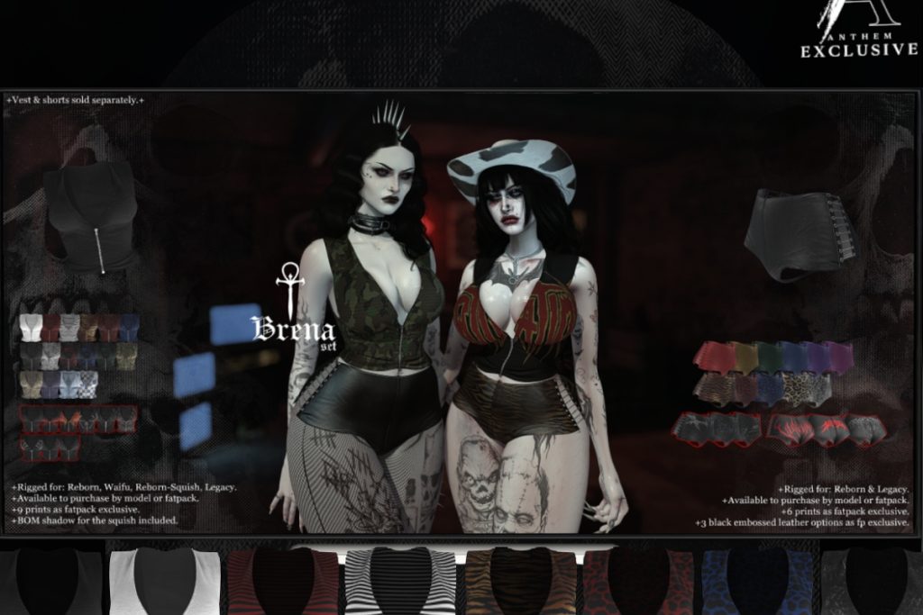 Brena Vest and Shorts - Reborn/+mods, L$275-L$299 each/L$1560 each FP/L$2300 MP
