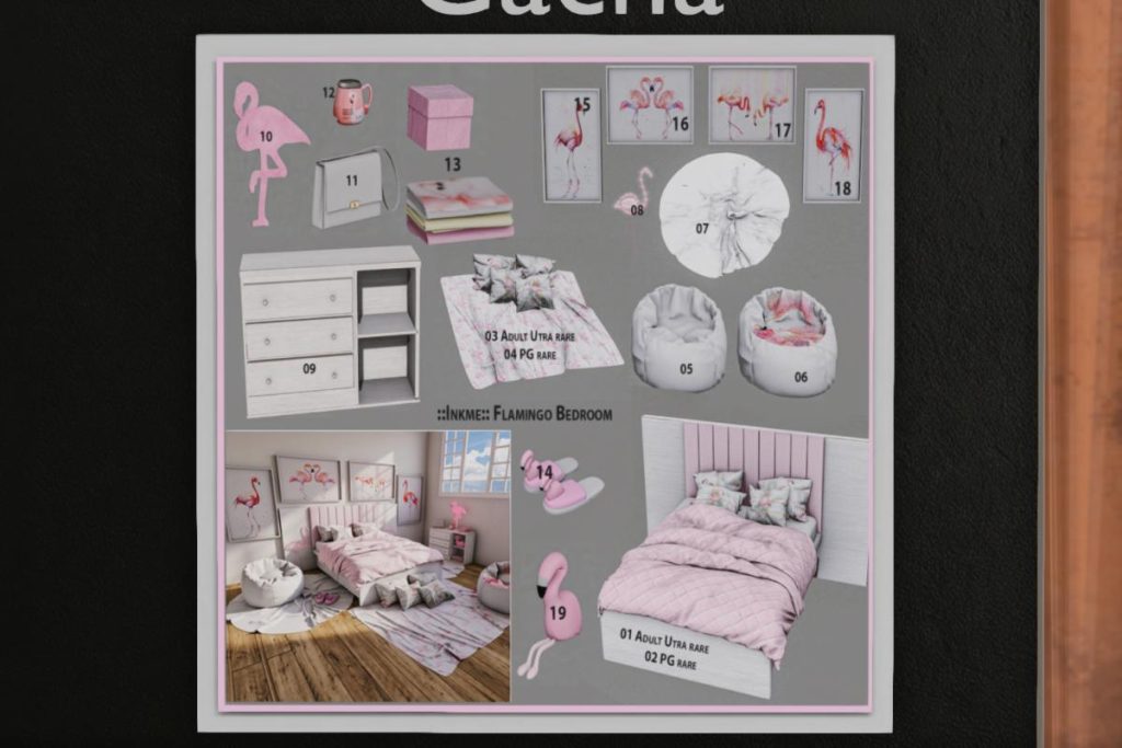 Flamingo Bedroom Gacha, L$45 Per Play/L$1800 FP