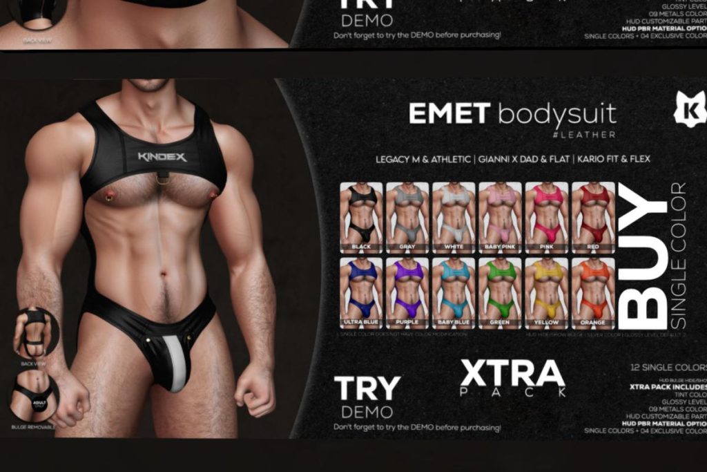 Emet Bodysuit - GianniX/Legacy/Kario/+mods, L$279 each/L$2009 FP