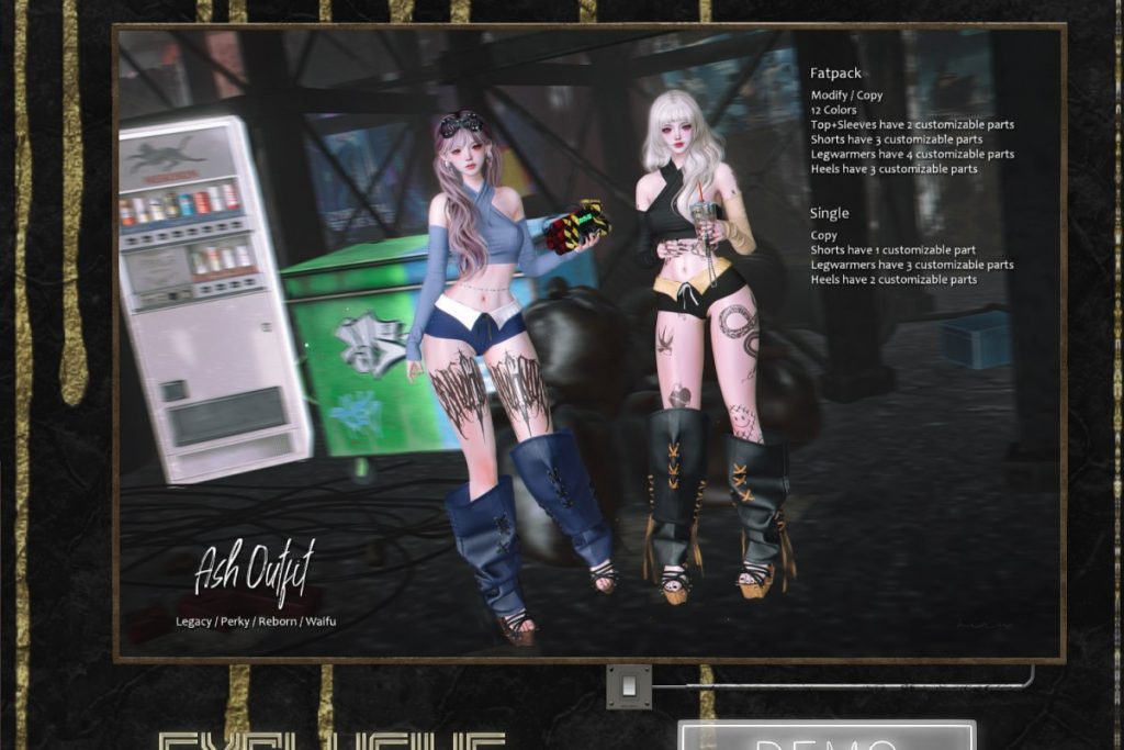 Ash Top, Shorts, Legwarmers, &amp; Heels - Legacy/Reborn/+mods, L$250-L$280 each/L$1000-L$1250 each FP