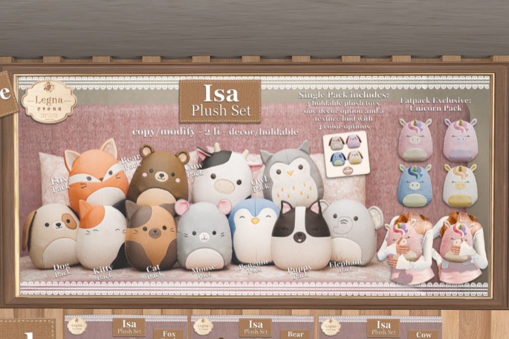 Isa Plush Set, L$349 each/L$2999 FP