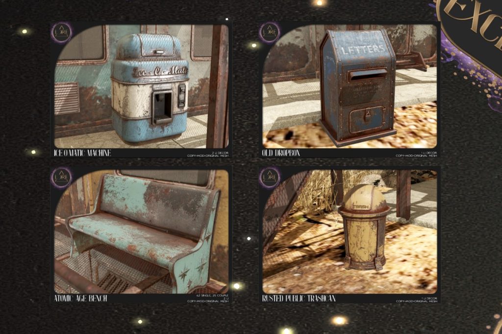 Ice-O-Matic, Old Dropbox, Atomic Age Bench, Rusted Public Trashcan, L$150-L$350 each