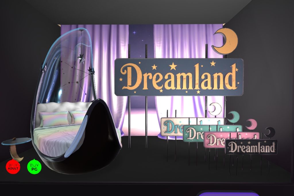 Celestial Crescent Bed, L$599 PG/L$1099 Adult | Dreamland Sign, L$299