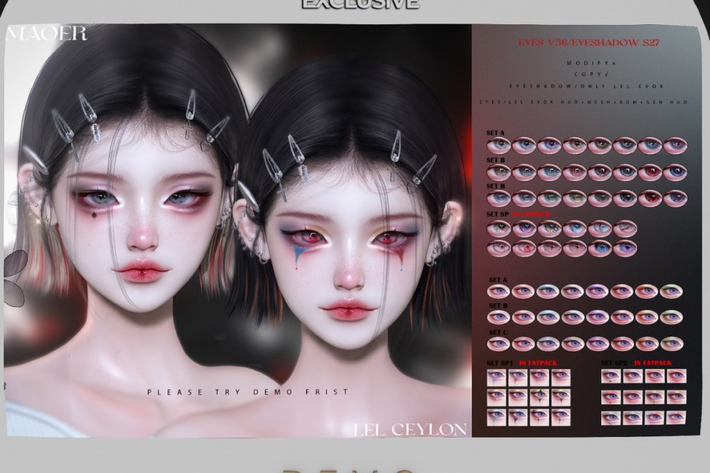V56 Eyes - BOM/EvoX/Genus, L$288 each/L$788 FP | S27 Eyeshadow - EvoX, L$299 each/L$899 FP