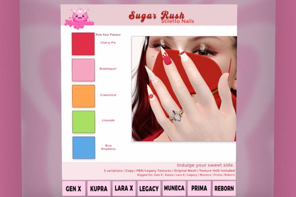 Sugar Rush Stiletto Nails - GenX/Inithium/Legacy/MaitreyaX/Prima/Reborn/Yentements, L$150 each/L$560 FP