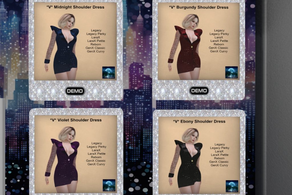 V Shoulder Dress - GenX/Legacy/Maitreya/Reborn/+mods, L$99 each