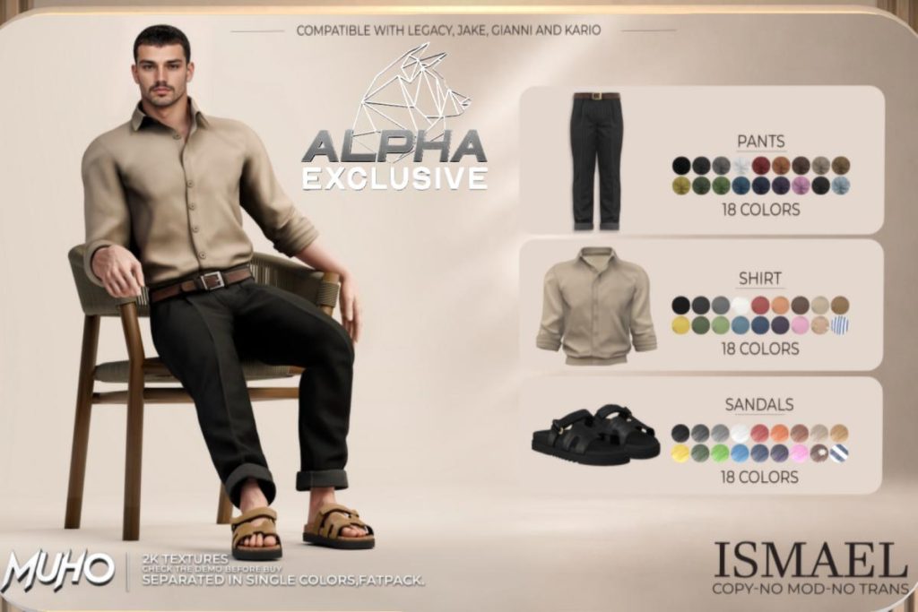 Ismael Outfit - Gianni/Jake/Kario/Legacy, L$149-L$189 each/L$899-L$1099 each FP/L$1699 MP
