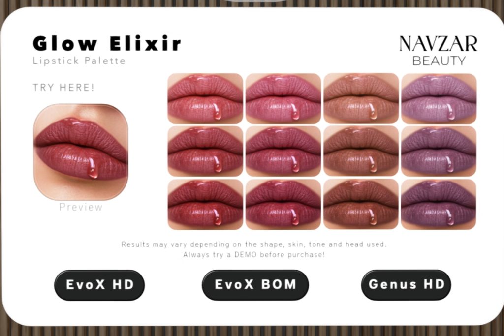 Glow Elixir Lipstick - Genus/EvoX, L$300 each