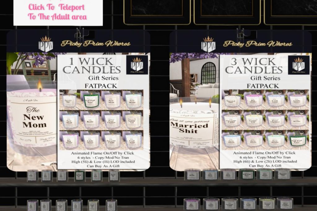 1 Wick Candles, L$112 each/L$1125 FP