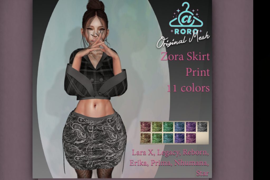 Zora Skirt - Erika/Legacy/Maitreya/Nhumana/Prima/Reborn/Star/+mods, L$299