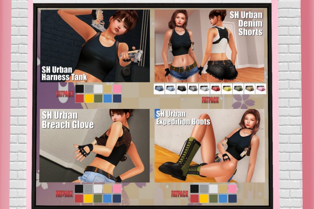 Urban Harness Tank, Denim Shorts, Breach Gloves and Expedition Boots - Legacy/Maitreya/Reborn/+mods, L$240-L$280 each/L$1800-L$2400 each FP