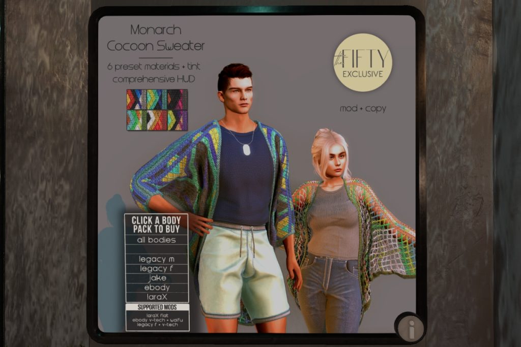 Monarch Cocoon Sweater - Jake/Legacy F+M/Maitreyax/Reborn/+mods, L$775 each/L$1475 FP