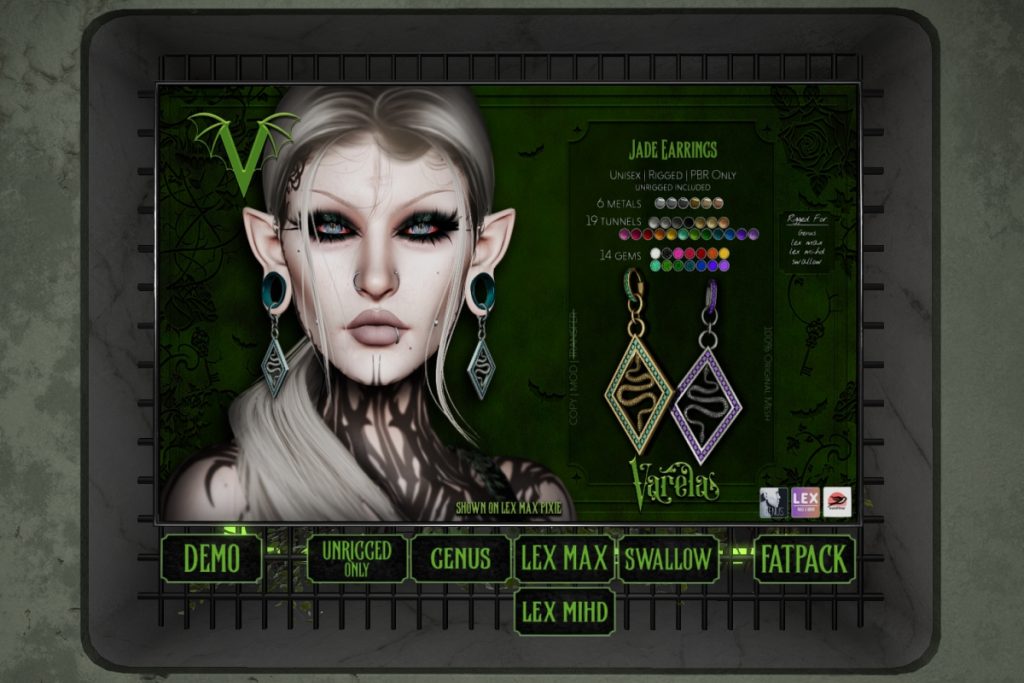 Jade Earrings - Demo For Fits, L$299-L$499 each/L$999 FP