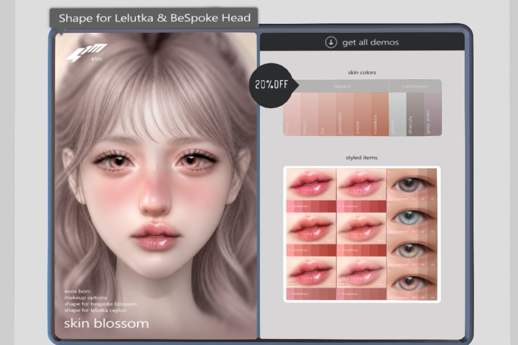 Blossom Skin - EvoX, L$799 each | Blossom Lips - EvoX, L$299 | Blossom Eyes - BOM/EvoX/Genus, L$299