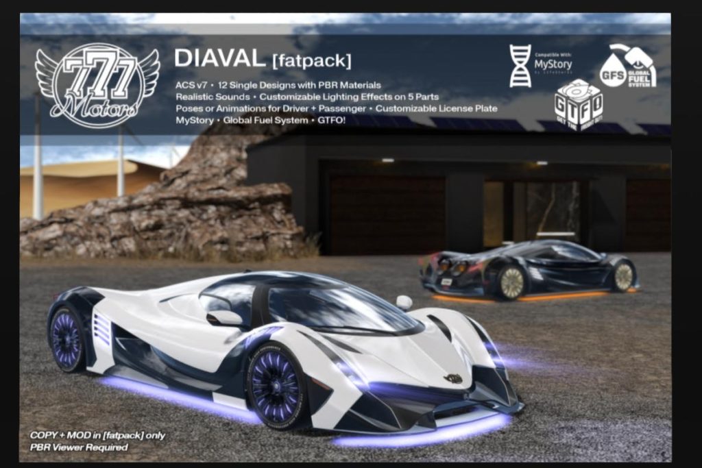 Diaval Car, L$649 each/L$1999 FP