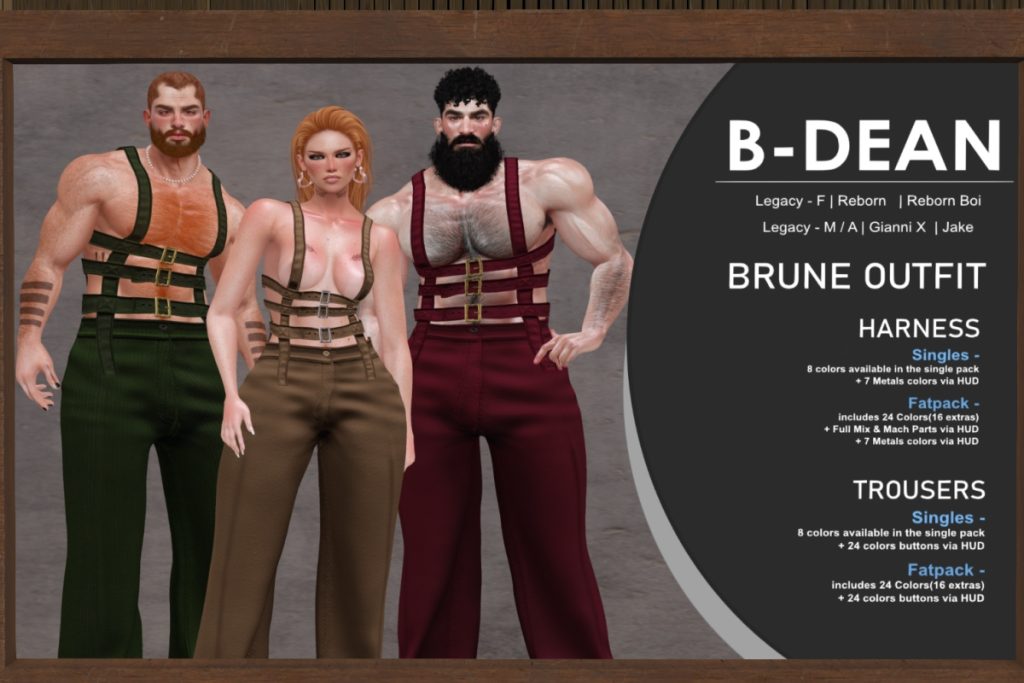 Brune Outfit - Jake/Kario/Legacy/+mods, L$229 each/L$699 each FP/L$999 MP