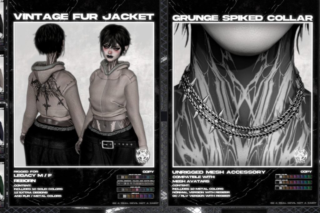 Vintage Fur Jacket - Legacy F+M/Reborn, L$320 each/L$1100 FP | Grunge Spike Collar, L$249