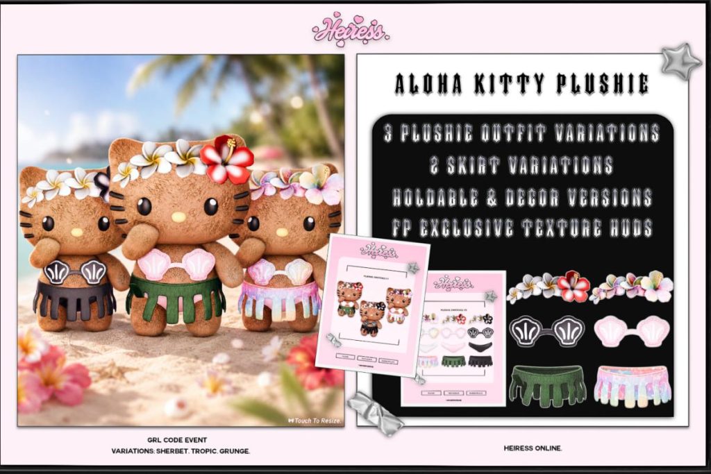 Aloha Kitty Plushie, L$350 each/L$750 FP