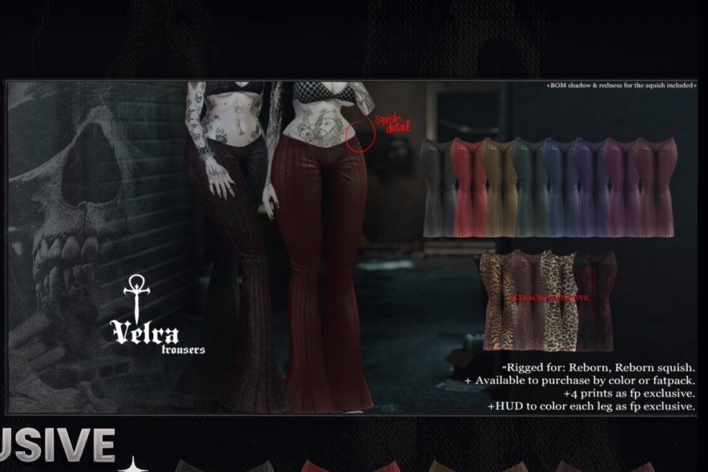 Velra Trousers - Legacy/MaitreyaX/Reborn/+mods, L$299 each/L$1430 FP/L$2300 MP