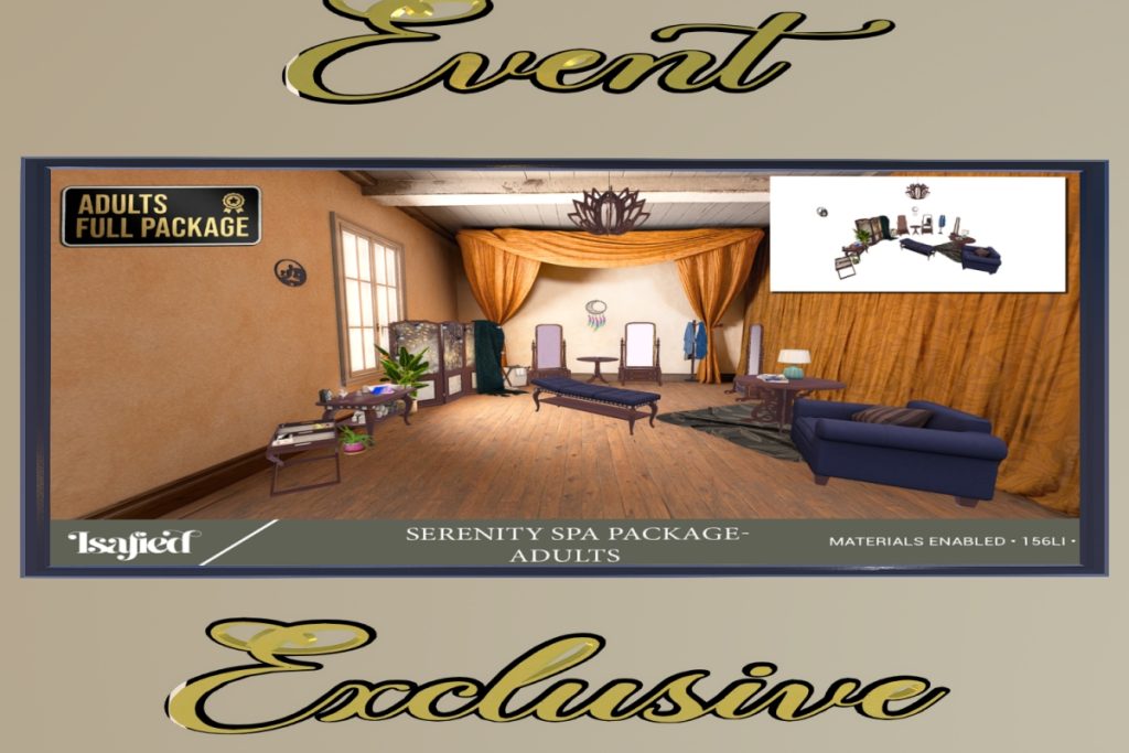 Serenity Spa Furniture &amp; Decor, L$349-L$599 each/L$1299-L$1699 each FP