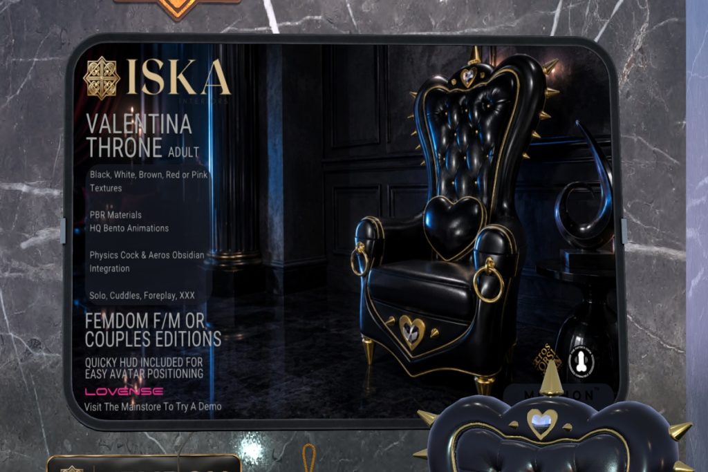 Valentina Throne, L$1799 each/L$2499 FP