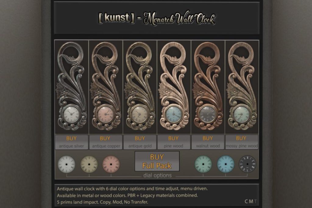 Monarch Wall Clock, L$295 each/L$495 FP