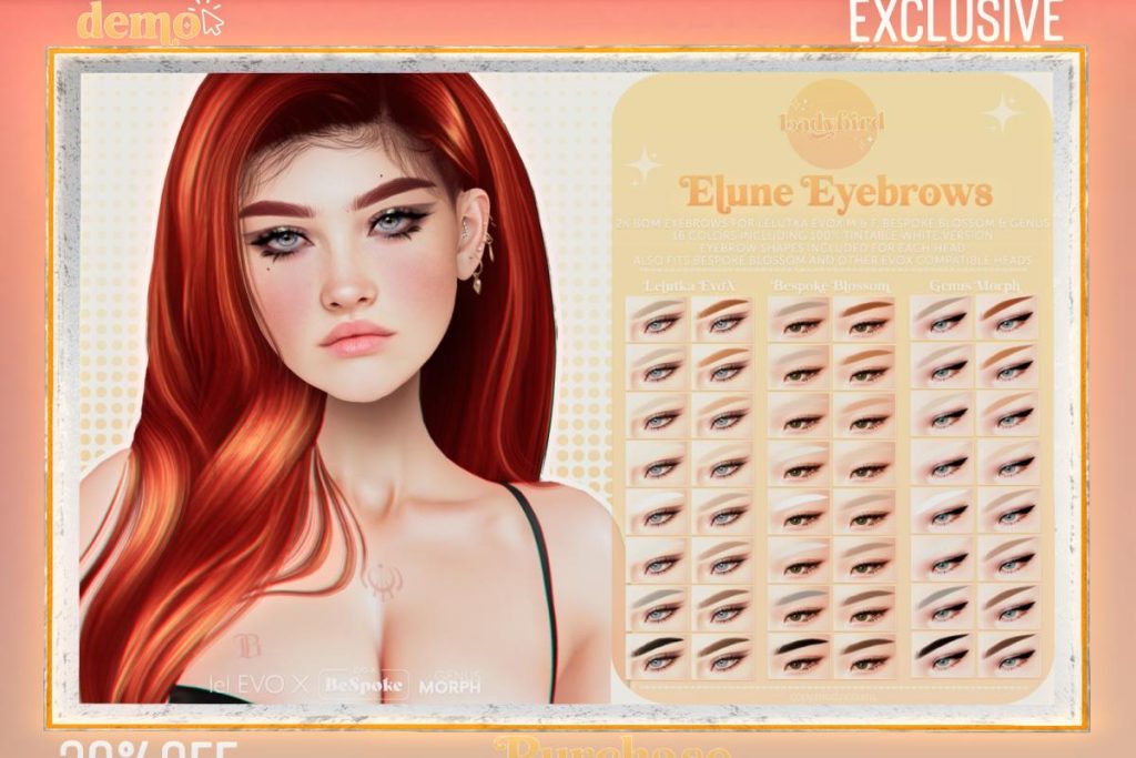 Elune Eyebrows - EvoX/Genus/+mods, L$199 each/L$360 FP