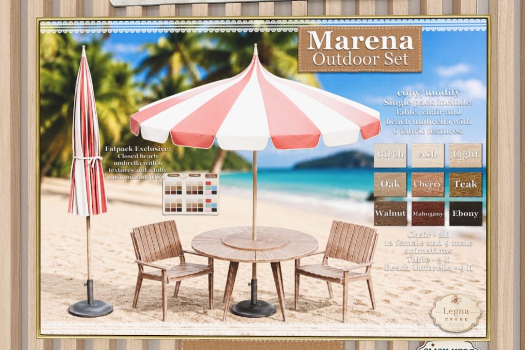 Marena Outdoor Set, L$299 each/L$2499 FP