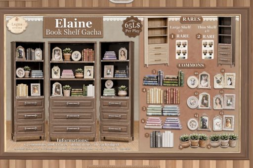 Elaine Bookshelf Gacha, L$65 per play